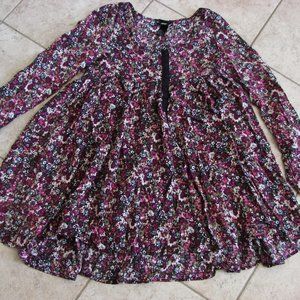 H&M Purple Pink Black Floral Boho Babydoll Peasant Dress